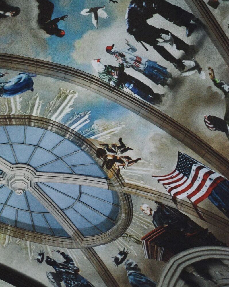 Painted ceiling fresco with a skylight