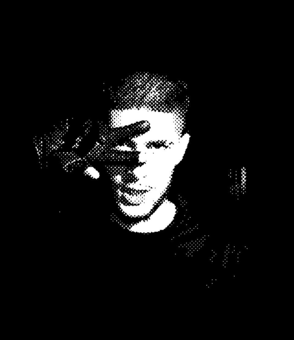 Halftone print of a portrait with a hand across the face