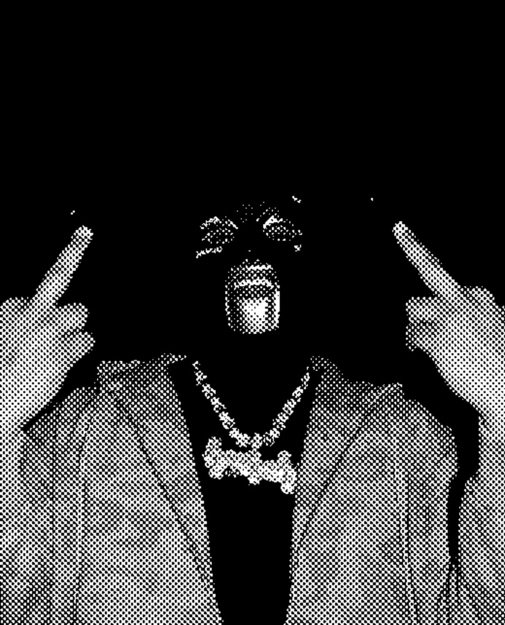 Halftone print of a masked figure raising both middle fingers